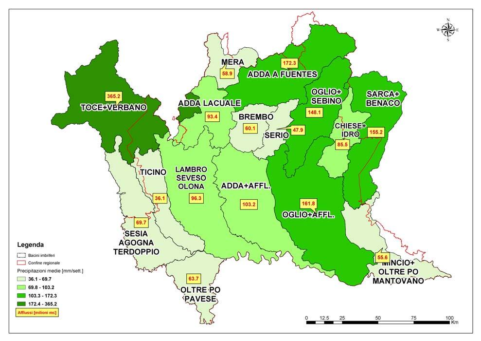 Carta delle piogge cumulate medie e degli afflussi sui bacini dal 1/5/6 al 31/5/6 In diverse gradazioni di colore verde sono rappresentate le intensità medie di precipitazione