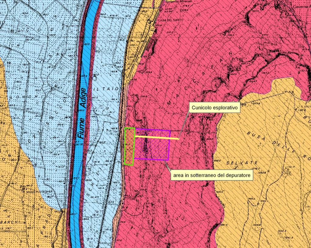 Fig 2: Ubicazione, sulla Carta di sintesi geologica, dell impianto di depurazione Per quanto riguarda la cartografia del rischio idrogeologico del Piano Generale di Utilizzazione delle Acque