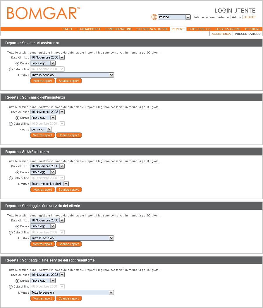 Report Genera report di assistenza o presentazione per tutte le sessioni o per sessioni gestite da un team specifico, da rappresentanti all interno di un team, o da un rappresentante specifico in un