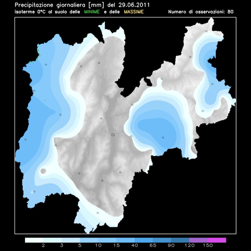 I DATI REGISTRATI In figura 4 sono riportate le precipitazioni cumulate nella giornata del 29 giugno registrate dalla rete di stazioni meteorologiche di Meteotrentino.