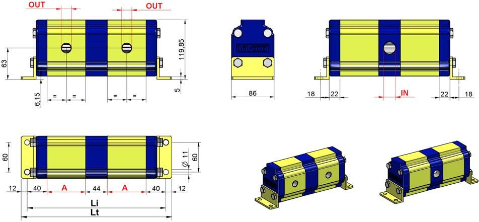 RV-2D DIVISORE DI FLUSSO Serie "RV" linea Rondine Codice: 9RD NN Divisore di Flusso (modello Base) Tabella: 1 Portata di un elemento Cilindrata CC Pressione l/min max Cm 3 /giro Codice MIN MAX