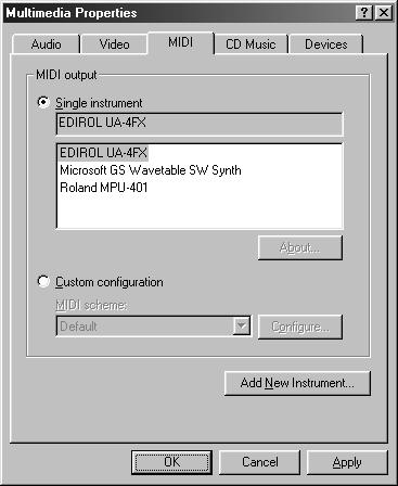 4. Fare clic sulla scheda MIDI. 5. Impostare l Uscita MIDI. Selezionare [Strumento singolo], fare clic su [EDIROL UA-4FX] nell elenco. 6. Chiudere la finestra di dialogo Proprietà multimediali.