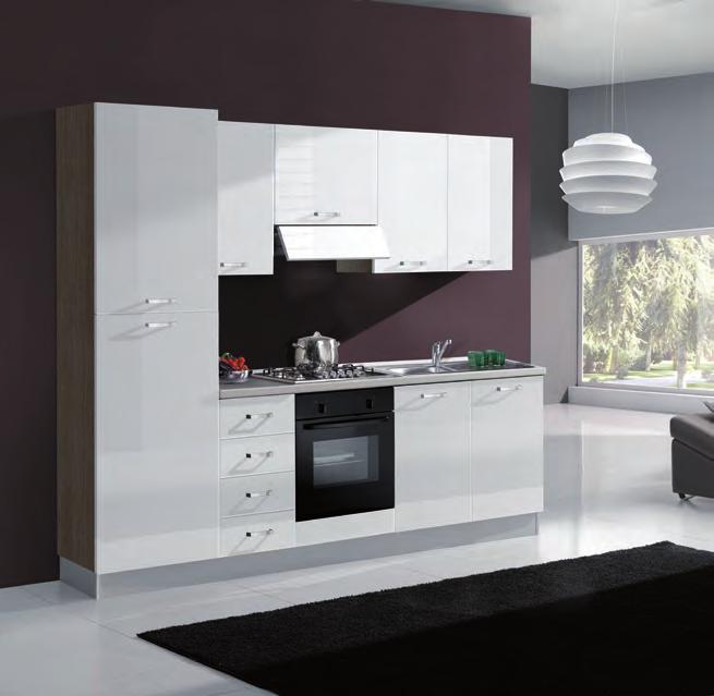 Completa di FRIGO, PIANO COTTURA, FORNO, CAPPA e LAVASTOVIGLIE. Disponibile destra o sinistra, miscelatore escluso. Misure: L.345 x P.60 x H.240.