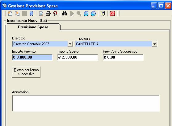 Gestione Previsione di spesa Ai fini di controllo e monitoraggio della spesa, la procedura consente di caricare per ogni anno