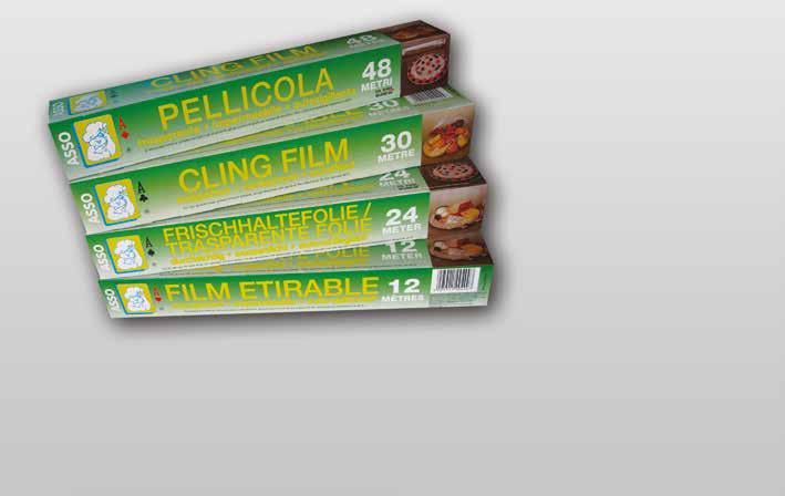 Linea Rotoli Roll Line Rotoli pellicola trasparente (P.L.T.) Household rolls cling film (P.L.T.) Metri Meters Spessore mµ Thickness mµ Altezza Height Pezzi Pieces EAN EAN 12MT 24MT MT 4MT Bobina 12 mt.