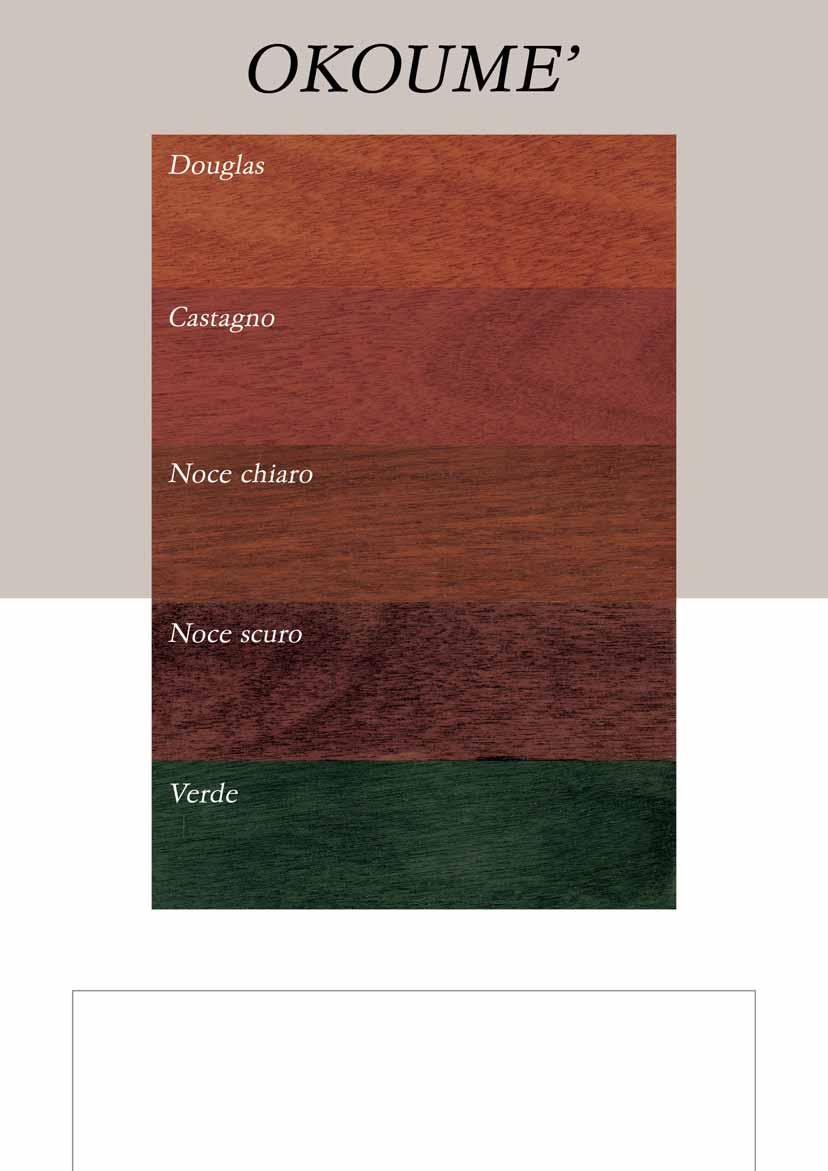 TINTE E COLORI I suddetti legni vengono forniti di serie in okoumè stratificato marino nelle tinte douglas, castagno, noce chiaro, noce scuro e verde.