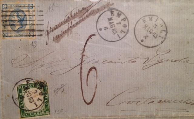Lettera da Empoli a Civitavecchia del maggio 1863 con affrancatura mista (15 cent. Litografico + 5 cent.
