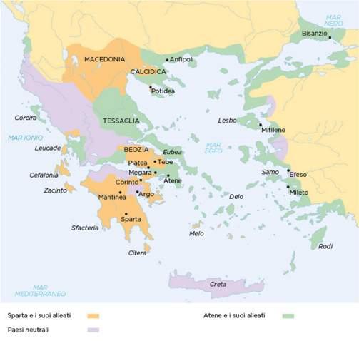 MAPPA CON I TERRITORI DI SPARTA E DI ATENE IN LOTTA TRA LORO.