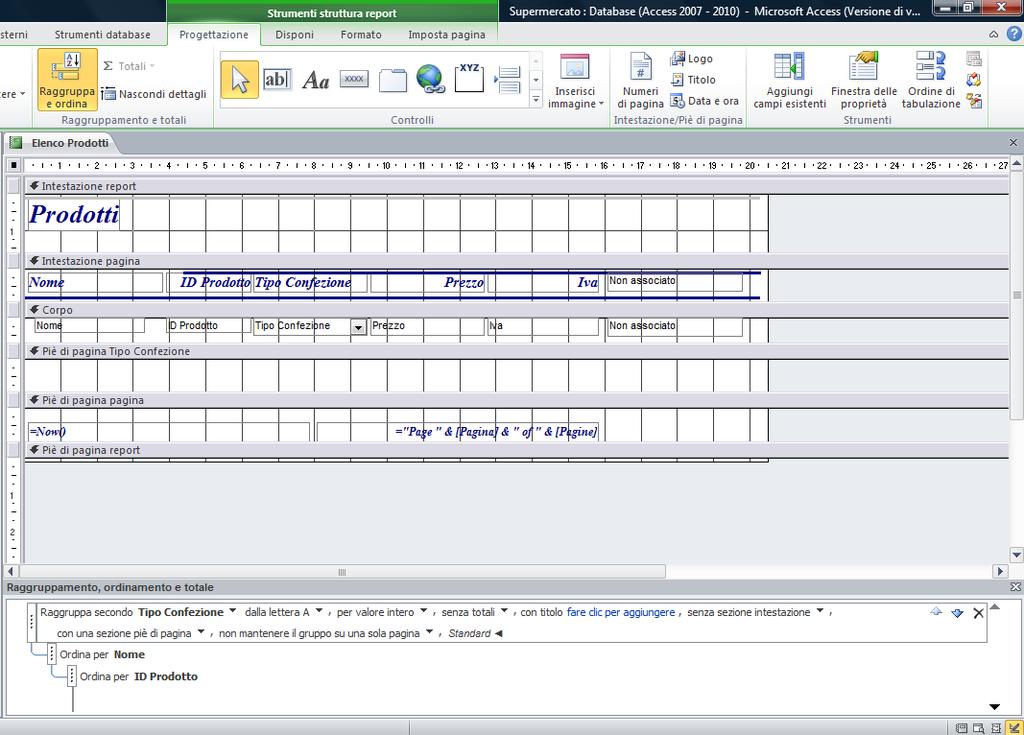 46 AM5 Database livello avanzato Figura 5.57 Raggruppamento per Tipo Confezione (con una sezione piè di pagina e senza sezione intestazione) e Ordinamento per Nome e ID Prodotto in ordine crescente.