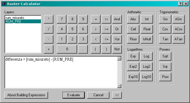 calculator Elenco dei raster Strumenti di calcolo a