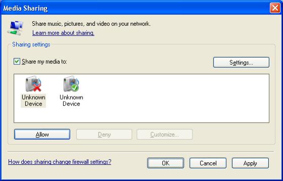 Windows Media Player v11 per Windows XP Impostazione della condivisione di rete 1 In Windows Media Player selezionare Library (Catalogo multimediale) dal menu, quindi Media Sharing.
