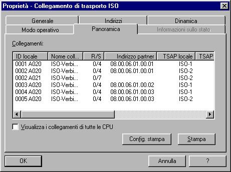 Progettazione di collegamenti di comunicazione Visualizzazione (esempio) Nella finestra di dialogo Proprietà dei collegamenti di trasporto ISO, nella scheda