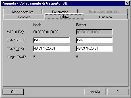 Progettazione di collegamenti di comunicazione Scheda Indirizzi Nella scheda indirizzi vengono visualizzate le informazioni di indirizzo locali e remote come valori proposti.