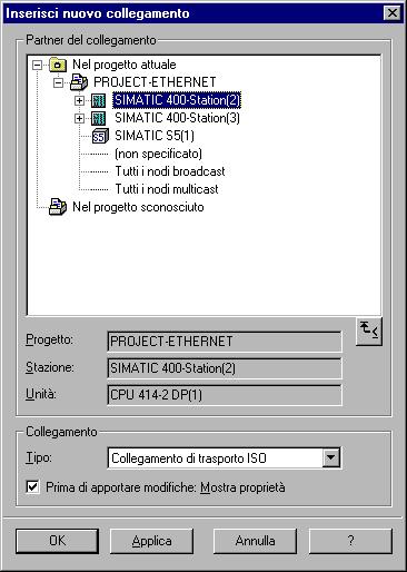 Progettazione di collegamenti di comunicazione Figura 4-3 Esempio di una struttura della finestra di dialogo Nuovo collegamento di un collegamento di trasporto ISO 3.