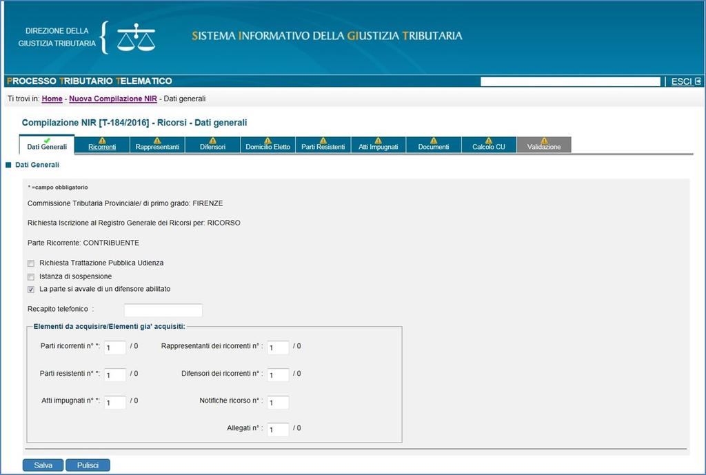 La costituzione in giudizio del ricorrente/resistente Il deposito avviene tramite l applicativo PTT, con la compilazione guidata di una serie di schede: Dati