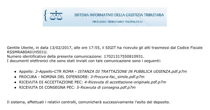 Percorsi PTT - Aspetti tecnici: ricevute rilasciate dal SIGIT al deposito