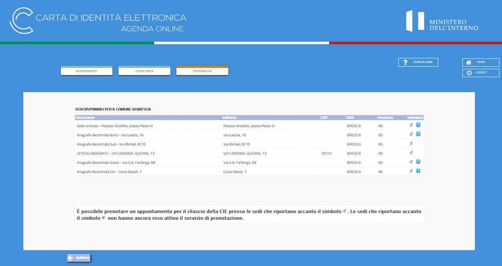 Selezionare il COMUNE DI RESIDENZA cliccando sulla lentina a destra del Comune SEDI DISPONIBILI PER IL COMUNE