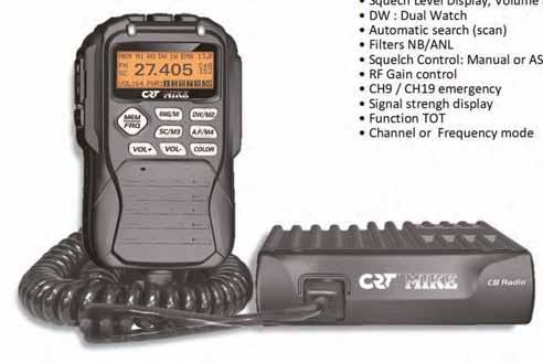 CRT ONE Compact Multistandard AM/FM 27MHz Tranceiver Features CB 27 MHz Citizen Band Frequency range Output Power Dimension Weight 40CH 26,965 27,405 MHz 4W L 10,2 x H 2,5 x D 10 cm 430gr AM/FM