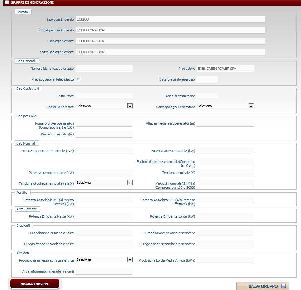 Pag. 16 Per effettuare l inserimento del gruppo di generazione cliccare sul link Nuovo Gruppo sulla form