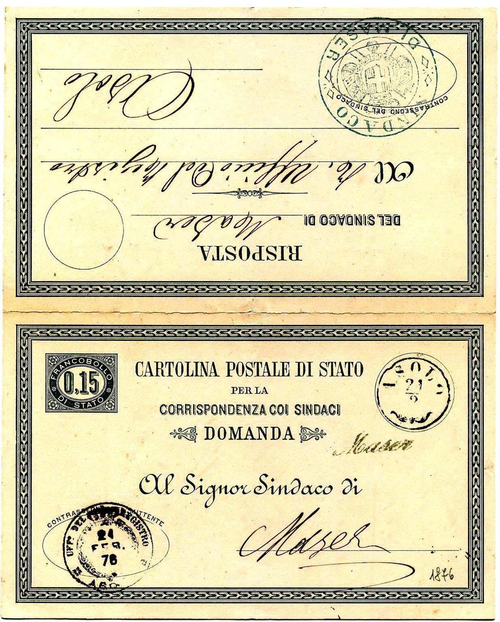 1876 ASOLO 21/2 1876 Bollo austriaco abbinato col bollo di collettoria MASER. Cartolina postale di Stato da 15 cent. formata dalle due parti separabili, DOMANDA e RISPOSTA, ancora unite.