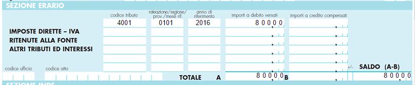 La ditta Bianchi deve presentare al versamento il seguente Modello F24. In tale ipotesi: si sta versando il saldo IRPEF 2016 a debito di 800 euro senza utilizzare crediti in compensazione.