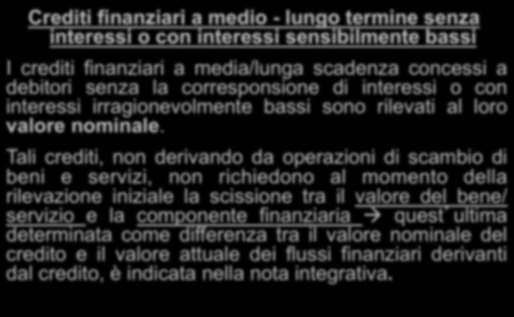 Crediti finanziari a medio - lungo termine senza interessi o con interessi sensibilmente bassi I crediti finanziari a media/lunga scadenza concessi a debitori senza la corresponsione di interessi o