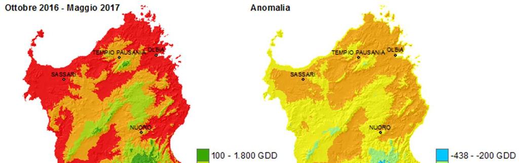 Infine, anche il periodo ottobre 2016 maggio 2017 ha presentato un significativo anticipo termico fino a raggiungere 200-350 GDD di anomalia in particolare lungo le coste settentrionali (Figure 18 e