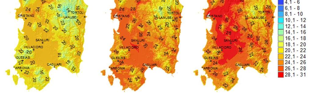 L anomalia mostra un netto gradiente Nord-Sud, per cui le temperature massime del Sud-Sardegna sono in linea o poco superiori alla media climatologica, mentre sul Nord Sardegna le medie mensili
