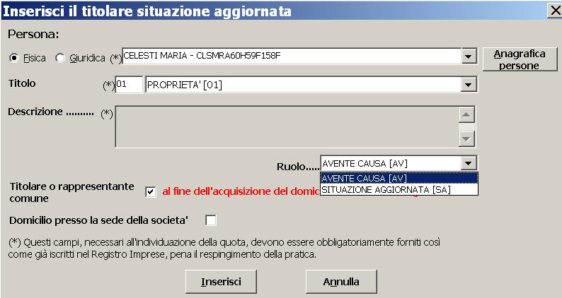 Figura 9 descrizione della situazione aggiornata (AVENTE CAUSA) Sono stati introdotti nuovi valori per il campo TIPO RUOLO per indicare la composizione della quota: SP SA SITUAZIONE ATTUALE Per un