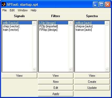 AVVIARE SPTool Digitare nel command window di Matlab sptool in questo modo si attiva la seguente finestra grafica: Come si osserva la GUI è