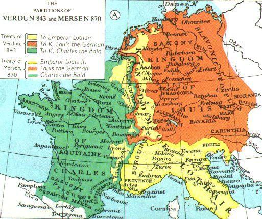 nipote Pipino il Giovane, venne sconfitto a Fontenay (841) e costretto ad un accordo che (trattato di Verdun del 843), sulla base delle precedenti designazioni, ristrutturò il regno in tre Stati: -