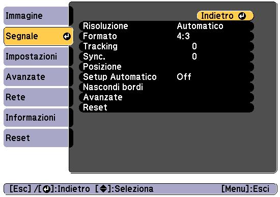 Elenco delle funzioni 124 Menu Segnle Le voci configurbili vrino second del segnle di immgine e dell sorgente in corso di proiezione.