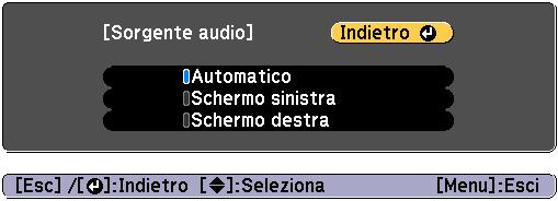 Funzioni di proiezione 79 c Selezionre l'udio d emettere e quindi premere il tsto [ ]. Qundo si selezion Automtico, viene emesso l'udio per l schermt più grnde.