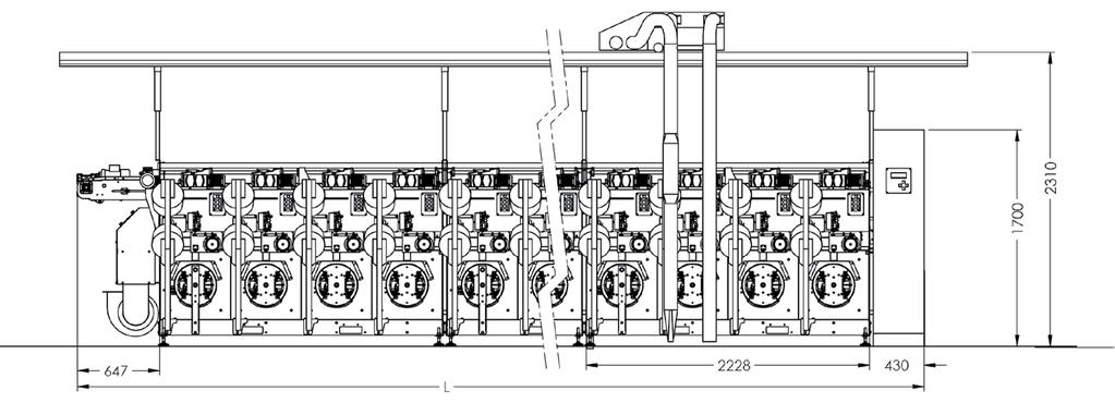 LAYOUT MACCHINA CON SOFFIATORE ELECTRO-JET CON SCARICO SULLE MANICHE Numero teste 4 8 12 16 20 24 28 32 36 40 Lunghezza L (mm) 3304 5562 7820 10078 12336 14594 16852 19110 21368 23626 Lunghezza L1