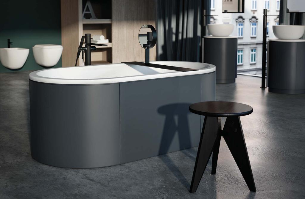 62 design APG studio collezione Arcadia 63 mobile freestanding Tiberino finitura Basalto + bacinella Shui Ø40 finitura Talco Tiberino freestanding cabinet Basalto finish + Shui bowl Ø40 Talco finish