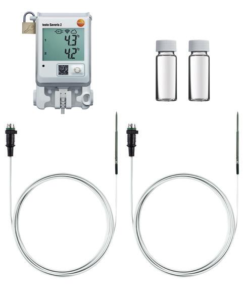 porta per il collegamento di una sonda igrometrica esterna, cavo USB, supporto a parete, batterie e protocollo di collaudo 0572 2032 0572 2035 Saveris 2-T3 Saveris 2-T3; data logger WiFi (WLAN) con