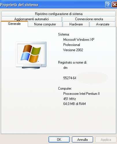 Informazioni sul PC In entrambi i casi, si visualizza la finestra Proprietà del Sistema, nella quale sono riportate le principali informazioni relative al PC che si sta utilizzando: il