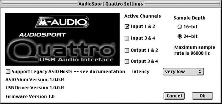 a 16 bit. Nell esempio seguente le uscite 1 e 2 sono state attivate, mentre è stata selezionata una risoluzione di 24 bit (Sample Depth), con una frequenza di campionamento massima di 96kHz.