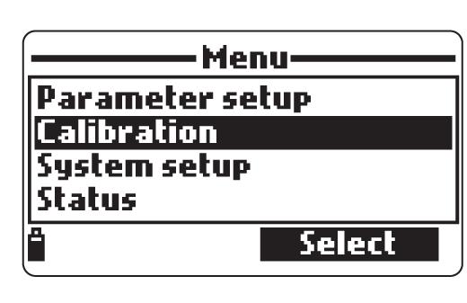 Capitolo 7 - MODALITÀ DI CALIBRAZIONE Si può accedere alle procedure di calibrazione selezionando Calibration e premendo Select dal menù principale.