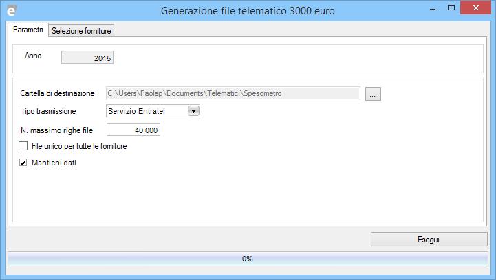 Per eseguire l elaborazione vengono richiesti i seguenti parametri: Anno: 2015 Cartella destinazione: è proposto il percorso definito a livello di Parametri (menu efiscali / Comunicazioni / 3000 euro