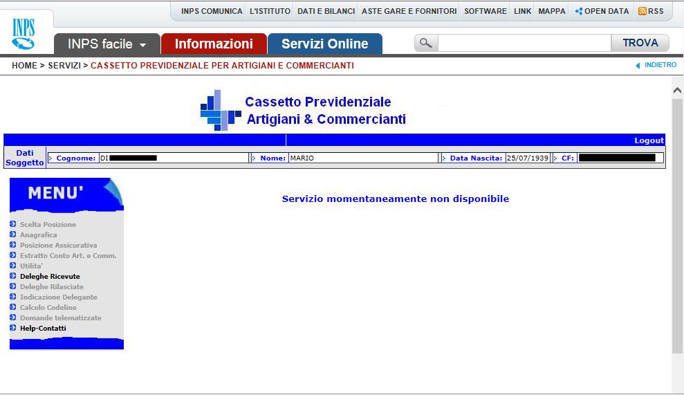 A T T E N Z I O N E A volte accedendo all area Cassetto Previdenziale Artigiani e Commercianti del sito web dell INPS potrebbe essere visualizzato