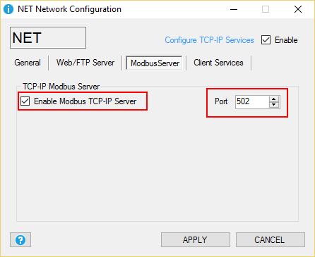 Per abilitare il modbus tcp-ip server: Il protocollo Modbus TCP-IP utilizza di default la porta 502, fare riferimento al proprio SCADA per impostare il numero di porta