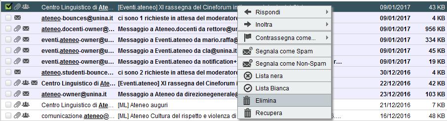 E possibile eliminare il messaggio cliccando con il tasto destro del mouse sulla riga del messaggio desiderato selezionando la voce Elimina.