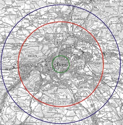 Raggi d azione del traffico lento Area di potenziale interesse del traffico lento negli agglomerati urbani di Berna e Ginevra verde: 1 km = fino a 15 min. a piedi; rosso: 5 km = fino a 20 min.