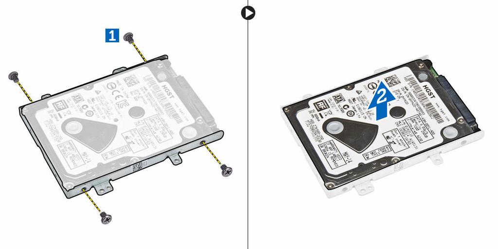 Installazione del disco rigido nell'apposito supporto. 1. Allineare i fori della vite sul disco rigido alle viti presenti sul supporto del disco rigido. 2.