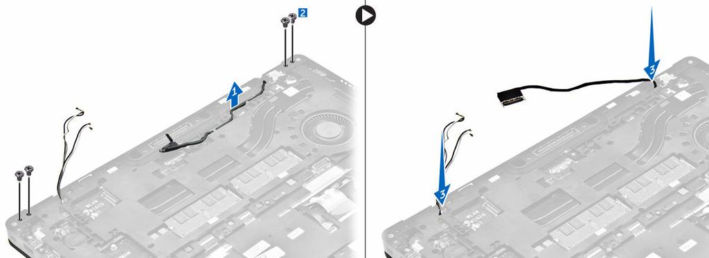 a. Disinstradare il cavo dello schermo dalla cornice del dock [1]. b. Rimuovere le viti che fissano il gruppo schermo [2] c.