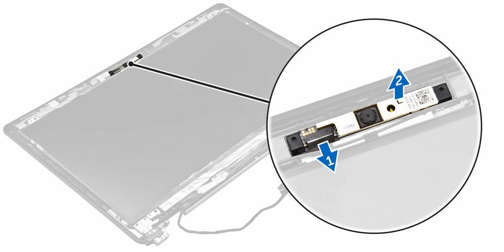 Rimozione della fotocamera 1. Seguire le procedure descritte in Prima di effettuare interventi sui componenti interni del computer. 2. Rimuovere: a. coperchio della base b. batteria c. scheda WLAN d.