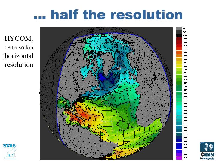 Effetti della risoluzione spaziale Le strutture che caratterizzano la Corrente del Golfo simulazione a bassa risoluzione(a destra) sono molto meno definite e non c è il