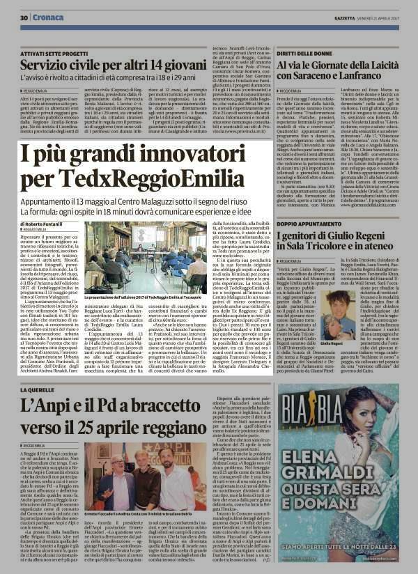 Pagina 30 Gazzetta di Reggio I più grandi innovatori per TedxReggioEmilia Appuntamento il 13 maggio al Centro Malaguzzi sotto il segno del riuso La formula: ogni ospite in 18 minuti dovrà comunicare