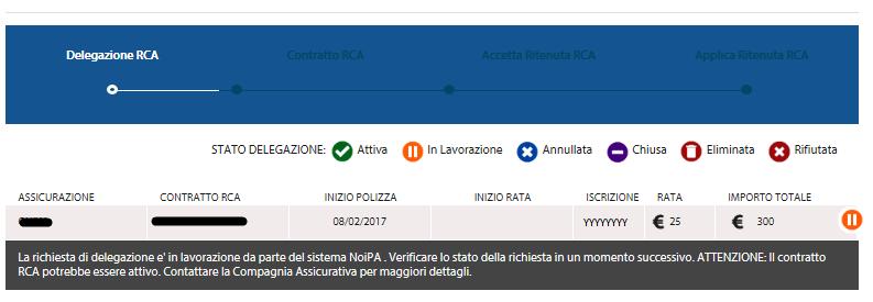 Lo stato In Lavorazione viene mostrato anche quando la delegazione di pagamento non può essere temporaneamente applicata a causa di indisponibilità dei servizi della compagnia assicurativa.